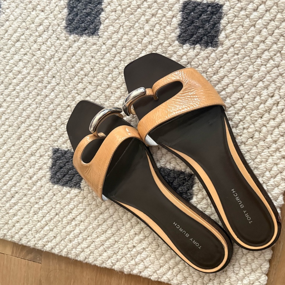 Tory Burch Black and Tan Pierced Slide Sandals